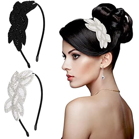 Sibba 2 Piezas Diadema 1920 Hojas Diamantes Imitación Plumas Fiesta Decoraciones Disfraz Pavo Real Corona Cuentas Clip Joyería Vintage Cabello Joya Pieza Cabeza Negra Lentejuelas Brillantes Mujeres Cover