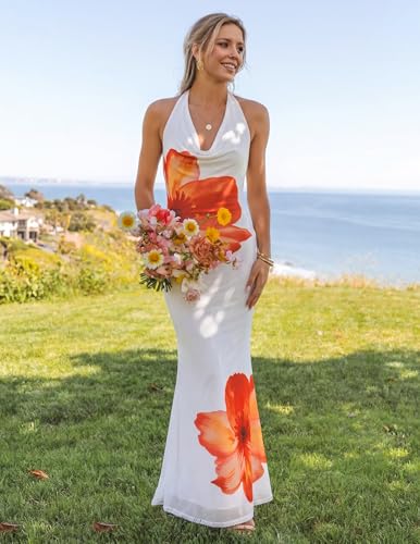 Image of ZESICA Women's Summer Floral Halter Neck Sleeveless Maxi Dress