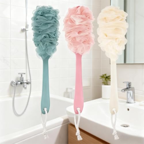 FuxFuis 3 PCS Brosse de Bain à Long Manche, Brosse pour le Dos Douche avec 3 Crochets Collants Brosse Douce pour le Corps 41cm Fleur de Douche avec Manche Long pour Homme et Femme (Vert, Rose, Beige)