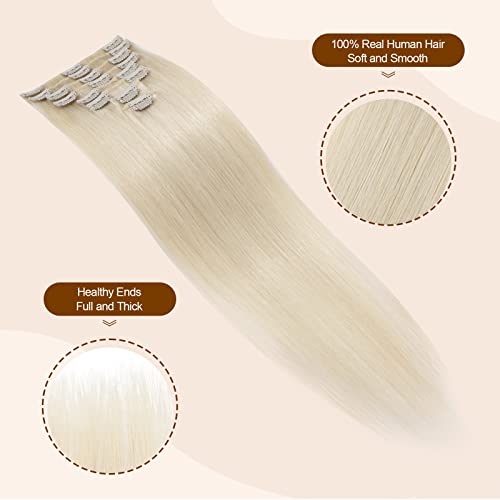 TESS Clip in Hair Extensions Real Human Hair Blonde Remy Seamless 8 Pieces Straight Short for Women/Girls (#60 Platinum Blonde - Image 2