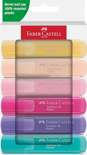 Faber-Castell 251656 - Surligneur Set 46, 6 surligneurs pastels à pointe biseautée longue durée, largeur de trait 1 - 5 mm, rechargeable