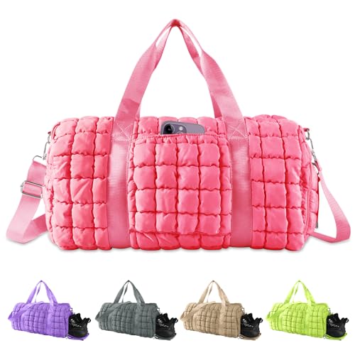 Image of Quilted Travel Duffle Bag Gym Bag for Women,Large Puffer Duffle Weekender Bag with Compartment,Workout Overnight Carry on Organizer Bag Duffle Bag for Airplane Travel(Pink)