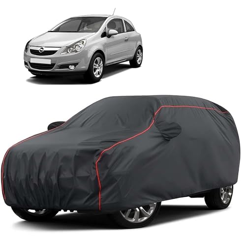 Image of Sulfar 100% Water Resistant Car Body Cover Compatible with Mirror for Opel Corsa (Triple Stitched, Full Bottom Elastic, Dark Grey Taffeta with Red Piping)
