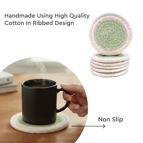 Image of Encasa XO Drink Coasters Set of 6 | Sage & Off White with Round (9 cm) | Handcrafted Ribbed Cotton | Absorbent & Heat-Resistant | Use for Tea, Coffee Table & Desk