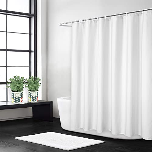 LinTimes Flax Linen Like 240GSM Heavy Weight Fabric Shower Curtain for Bathroom with Hooks Hotel Luxury Washable, White, 180x200 cm