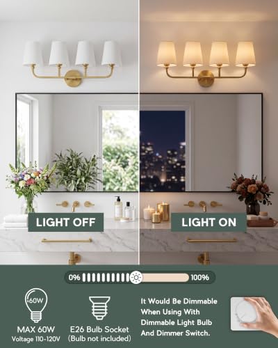 Image of 4-Light Brushed Gold Bathroom Vanity Light with White Fabric Shade | 28 Inch gold bathroom light fixture over mirror, UL listed, E26 bulbs, hardwired, upward only, VL837-BG-4K