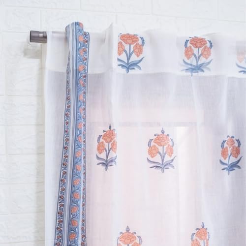 Image of Peepul Tree Pure Cotton Handprinted Blue and Peach Floral Sheer Curtain | Set of 1 | 8 ft | Inspired by Rajasthan Palaces | Royal Courtyards Collection