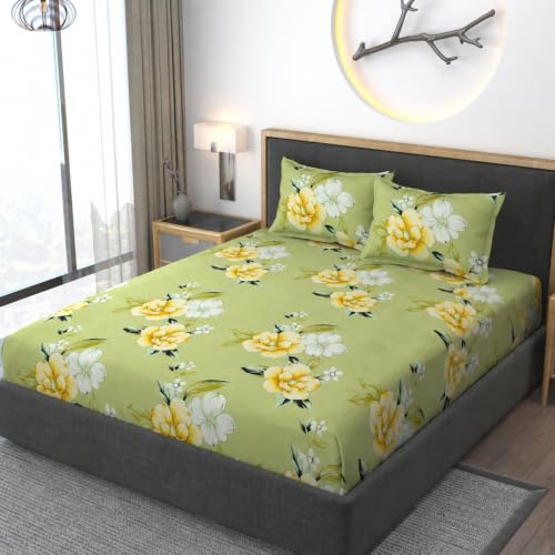 Image of Vaini Premium Heavy Cotton Elastic Fitted Bedsheets with 2 King Size Pillow Covers || Double Bed with All Around Elastic 350 (Light Green Flower, 72x72 Inch King Fitted)