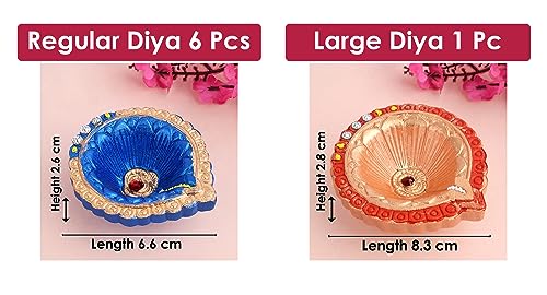 SATVIK 7 Pc (6+1) Designer Multicolor Clay Diya Earthen Diya Terracotta Dia Traditional Puja Vilakku Oil Lamp Natural Mitti Welcome Diwali Deepawali Pooja Decor Indian Housewarming Gift Items - Image 5