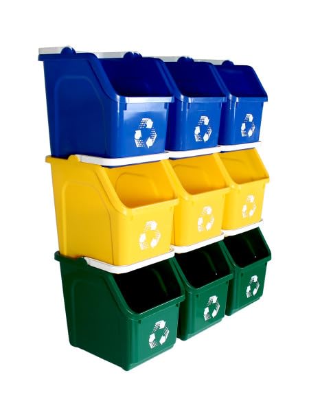 Multi Bin 6 Gallon Stackable Recycle Bins, Trash Can Kitchen Recycling Set | Recycling containers stackable design that saves floor space, while open-front bins with ergonomic handles ensure quick