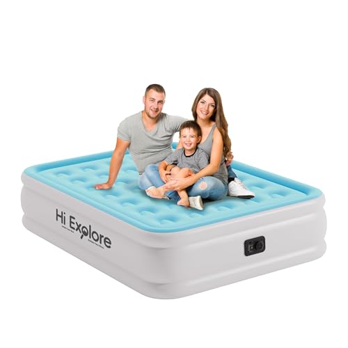 Hi Explore Air Mattress Queen with Built in Pump Raised, Comfort Plush Self Inflating Mattress, Inflatable Blow Up Mattress, Portable Airbed for Home, Guests, Camping(Light Blue, 18” Height)