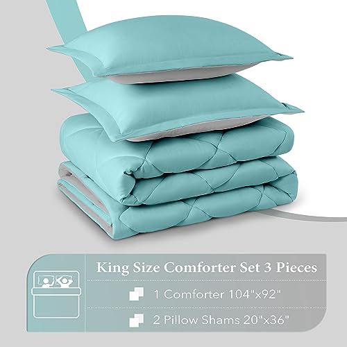 downluxe King Size Comforter Set - Turquoise and Grey King Comforter, Soft Bedding Sets for All Seasons -3 Pieces - 1 Comforter (104"x92") and 2 Pillow Shams(20"x36")