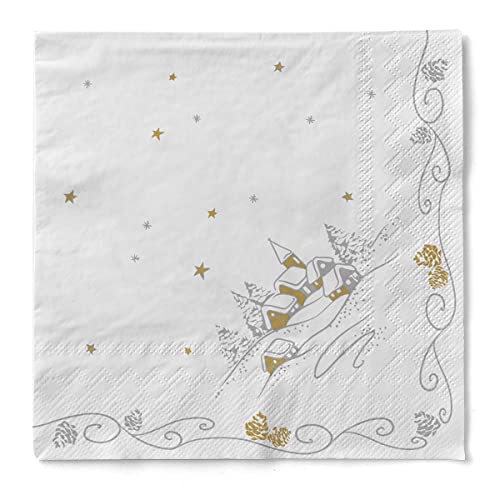 Sovie HORECA Serviette Panorama in Weiss-Silber aus 3-lagigem Tissue, Weihnachtsserviette Einweg Wintermotiv, ideal für Advents- & Weihnachtsfeiern 40 x 40 cm, 100 Stück