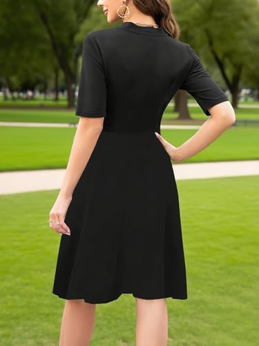 oxiuly Women's Vintage Bow Tie V-Neck Pockets Casual Work Party Cocktail Swing A-line Dresses OX2784