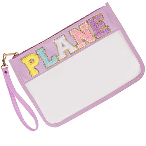 Monogram Letter Clear Bag Purse, Chenille Glitter Letter Makeup Cosmetic Bag Patch Zipper Toiletry Pouch, Portable Travel Beach Snack Wristlet Bag For Women Girls(Plane, Purple) #TOP6