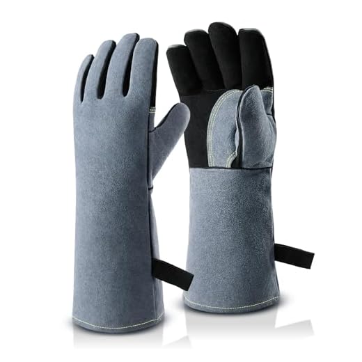 932°F Heat Resistant Leather Welding Gloves Grill BBQ Glove for Tig Welder/Grilling/Barbecue/Oven/Fireplace/Wood Stove - Long Sleeve and Insulated Cotton (Black-gray,16-inch)