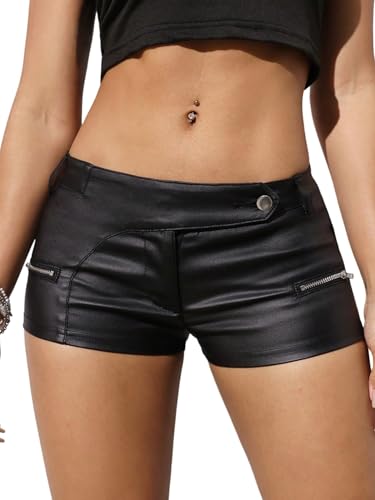 GORGLITTER Shorts Damen PU-Leder Shorts mit Reißschluss Kurze Hose Drop Taille Ledershorts mit Taschen Bodycon Partyshorts Festival Outfit Schwarz S