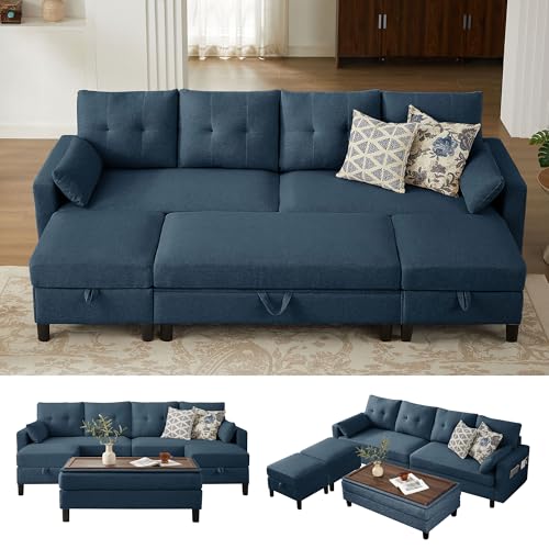 Pingliang Home 101" Convertible Sectional Sofa with Ottoman Coffee Table,