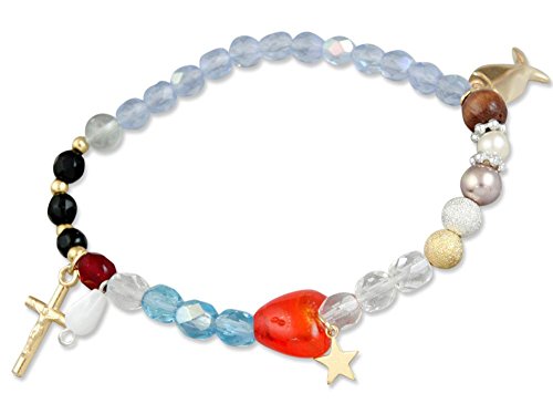 Anzmann - Pulsera elástica con cuentas de vidrio y símbolos religiosos (8,5 cm)