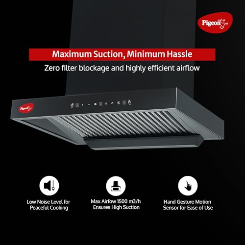 Image of Pigeon Atmos 60 cm BLDC T Shape Kitchen Chimney 1500 m3 /hr | Filterless Autoclean Kitchen Chimney | 12 Years Motor and 2 Years Comprehensive Warranty |Black | 9 Speed Touch Control + Motion Sensor