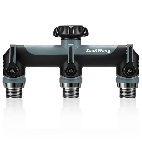 ZaakWang Garden Hose Splitter, 3 Way Hose Splitter, Heavy Duty Water Hose Bib Spigot Splitter, Outdoor Faucet Splitter with Shutoff Valve, T Adapter Connector with 3/4 - Inch GHT Thread (Grey)