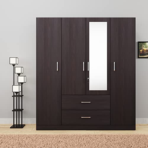 Image of VIKI Wardrobe | Wooden Almirah for Clothes,Door for Bedroom, 4 Door Wardrobe with Drawer, Mirror & Hanging Space (Dark Wenge - 40D x 160W x 180H) | 1 Year Warranty | Free Assembly