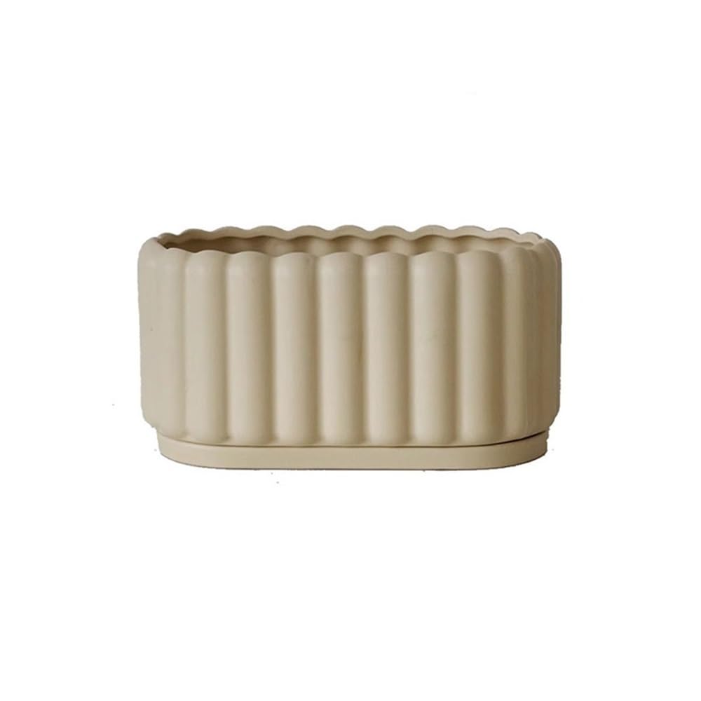 Xbgfdysd Beige Ceramic Indoor Plant Pot With Drainage Hole, Rectangular Succulent Planter Window Box With Removable Saucer Pots For Plants