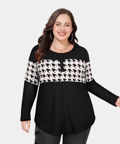 Image of CARCOS Plus Size Tops for Women Long Sleeve Fall Tunic Color Block Camo /Plaid /Leopard /Fall Blouse Crewneck Tshirt XL-5XL