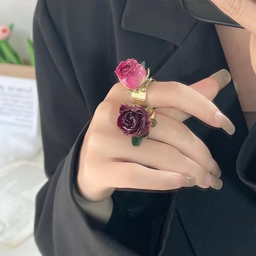 Retro Rose Flower Statement Open Ring Dried Floral Leaf Adjustable Stacking Wide Finger Bands Promise Eternity Wedding Rings Comfort Fit Enagagement Jewelry Gifts for Women Girls Wife3