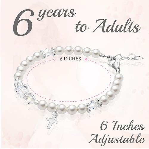 Image of Baby Crystals White Pearl Personalized Bracelets for Girls, Sterling Silver Initial Cross Charm Bracelet, Christening, Communion Baptism Gifts for Girl, Birthday Gifts, Girls Jewelry
