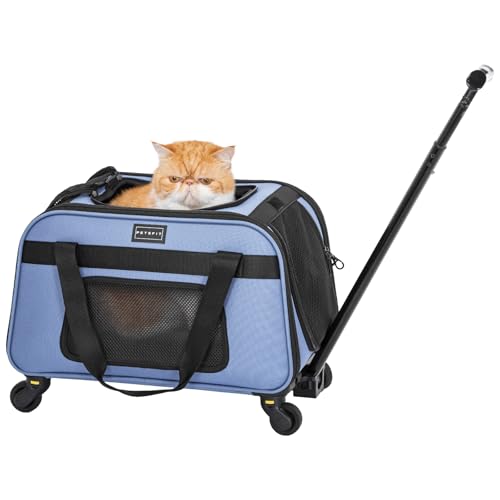 Petsfit Pet Carrier with Wheels Rolling Cat Carrier for Small Cats Airline Approved Pet Carrier with Telescopic Handle Perfect for Travelling Under 13lb Blue