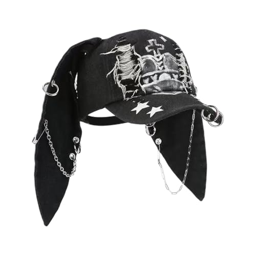 Image of Y2k Hat Punk Hats Denim Bunny Hat Chains Distressed Baseball Cap Kpop Outfits Y2k Grunge Hats for Women