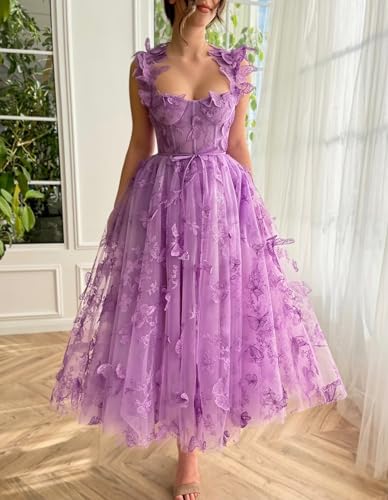 Women's Tulle Prom Dresses Long 3D Butterfly Spaghetti Straps Homecoming Dresses with Slit Tea Length Party Dress3