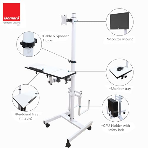 Image of Isomars Computer Standing Desktop Workstation with Monitor Mount Adjustable Height with Keyboard & Mouse Tray Space for CPU Holder, Sit Stand Table Comes with Wheels for Easy to Move.(White)