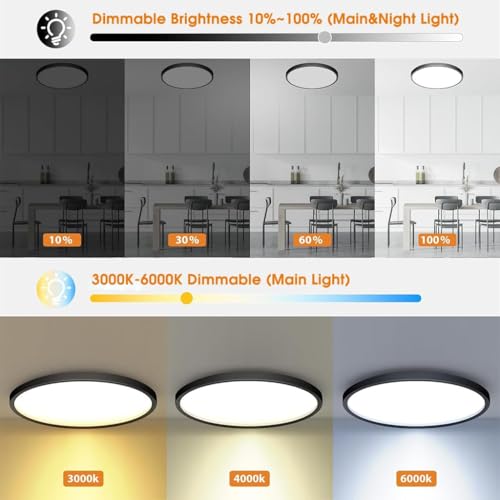 Image of 12 inch Dimmable LED Ceiling Light with Remote Control, 24 W 3-Color Ceiling Light with Dim Night Light 1800k Warm, Round Flush LED Ceiling Lights (Black)
