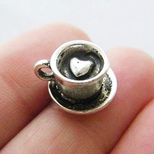 NP Supplies 11 pcs Coffee Cup Charms Antique Silver Tone 3D with Heart 9x14mm (NS851)