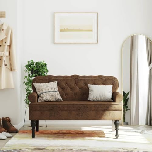 Banc avec dossier marron aspect daim 119cm en bois d'hévéa - 2