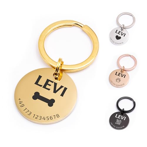 FELLSOCKE Personalisierte Hundemarke aus Edelstahl - 25mm | 30mm | 35mm, Individuell gravierbar, Robuste Tiermarke, Dogtag Anhänger Hunde, Pferde, Katzen & Welpen (Goldfarben, 25 mm)