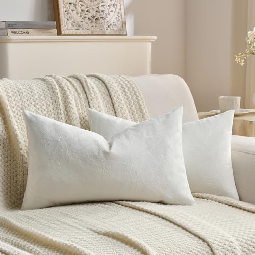 Image of FUTEI Pack of 2 Velvet Throw Pillow Covers 12x20 Inch Soft Embossed Leaf-Relief Textured Decorative Lumbar Pillowcases Modern Natural Farmhouse Accent for Couch Bed Living Room, Cream