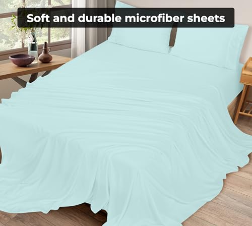 Image of Royale Linens Full Flat Sheet - Ultra Soft Brushed 1800 Microfiber Flat Sheets Only - Wrinkle Free & Stain Resistant - Hotel Quality Top Sheet for Bed (Full, Aqua)