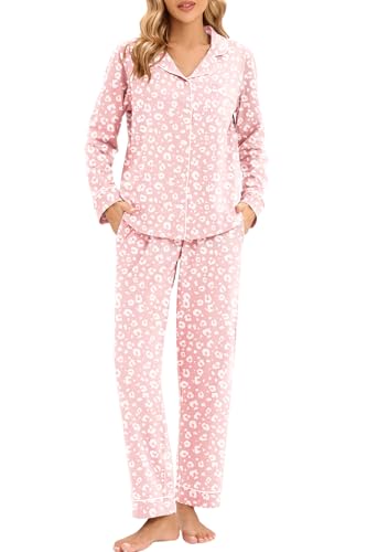 Image of LUBOT 100% Cotton Pajamas for Women Pajama Set 2 Piece PJ Sleepwear Set Soft Ladies Button Knit Long Sleeve Loungewear XS-XXL