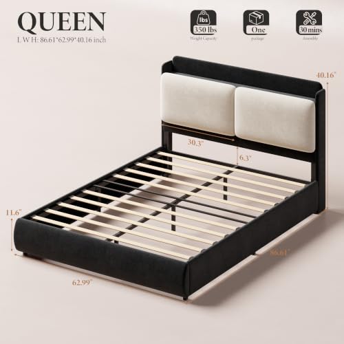 Image of Garvee Queen Upholstered Bed Frame with Shelf & Drawers - Black & Beige