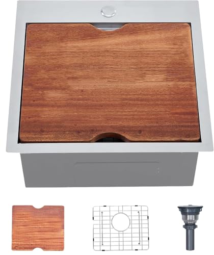 HOTIS 18 X 18 Inch Drop In Bar Sink, Stainless Steel Small Kitchen Sink, Top Mount Deep Workstation Single Bowl, Outdoor Camper Rv Laundry Wet Bar Prep Sinks With Grid & Drain & Cutting Board