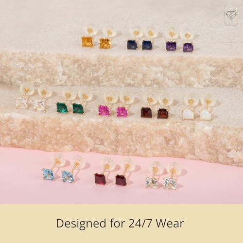 14k White or Yellow Gold Square Stud Earrings for Women with Princess Cut Gemstone 4 mm Birthstone and Push Backs by MAX + STONE4