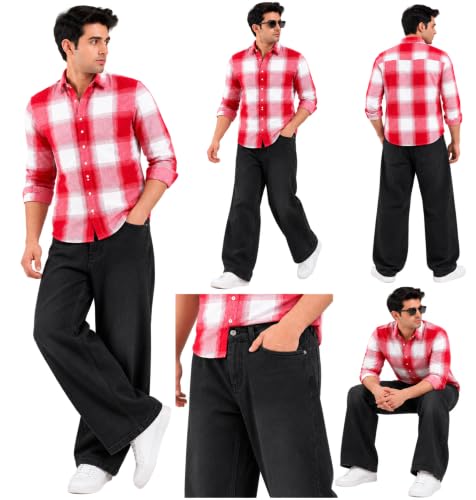 KULAKAS Men's Red & White Checked Shirt with Black Jeans Set - Image 5