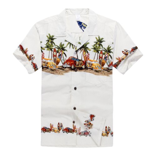 Palm Wave Men's Hawaiian Shirt Aloha Shirt S Off White Vintage Cars