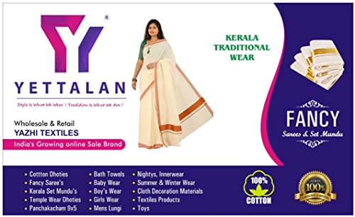 Image of Women's Kerala Traditional Cotton Kasavu Saree with Running Blouse | Sari for Weddings, Festivals, Temple Visits, Onam Vishu & Regular Wear