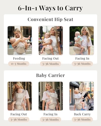 Image of MOMTORY StowNGO Pro Safety-Certified Ultra Storage Baby Carrier, Khaki | Plus Size Friendly, 6 Carry Positions, Front & Back, Baby Carrier With Hipseat, Fits 7-50lbs Newborn To Toddler