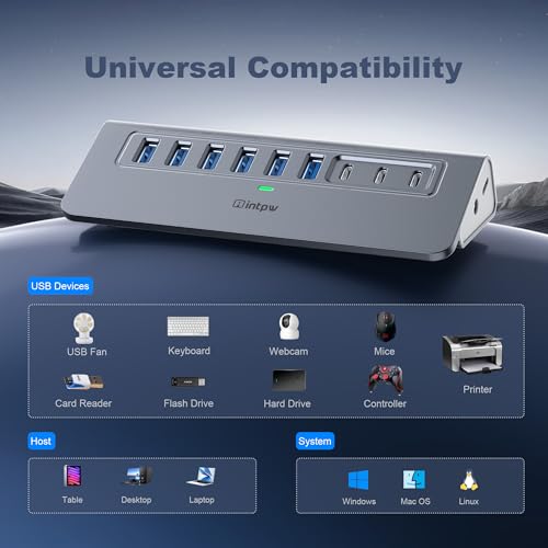 Image of Powered USB Hub 10Gbps, intpw YH6AC 9-Port USB Splitter with USB A /USB C 3.2, 4 USB 3.0, 2 PD 45W Charging Ports, 65W Power Adapter + 3.3FT Cable, Aluminum USB Extender Hub for Laptop, PC,iPhone 17 /16