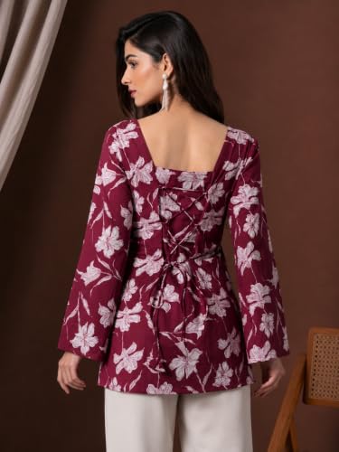 Image of Rayon Floral Print Short Kurti for Women | Square Neck Long Sleeve Top for Women | Criss Cross Back Desing Kurti | Soft Breathable Fabric | Relaxed Fit | Casual and Office Wear
